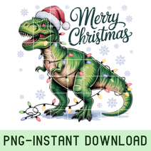 Christmas Dinosaur PNG with T-Rex wearing Santa hat and lights