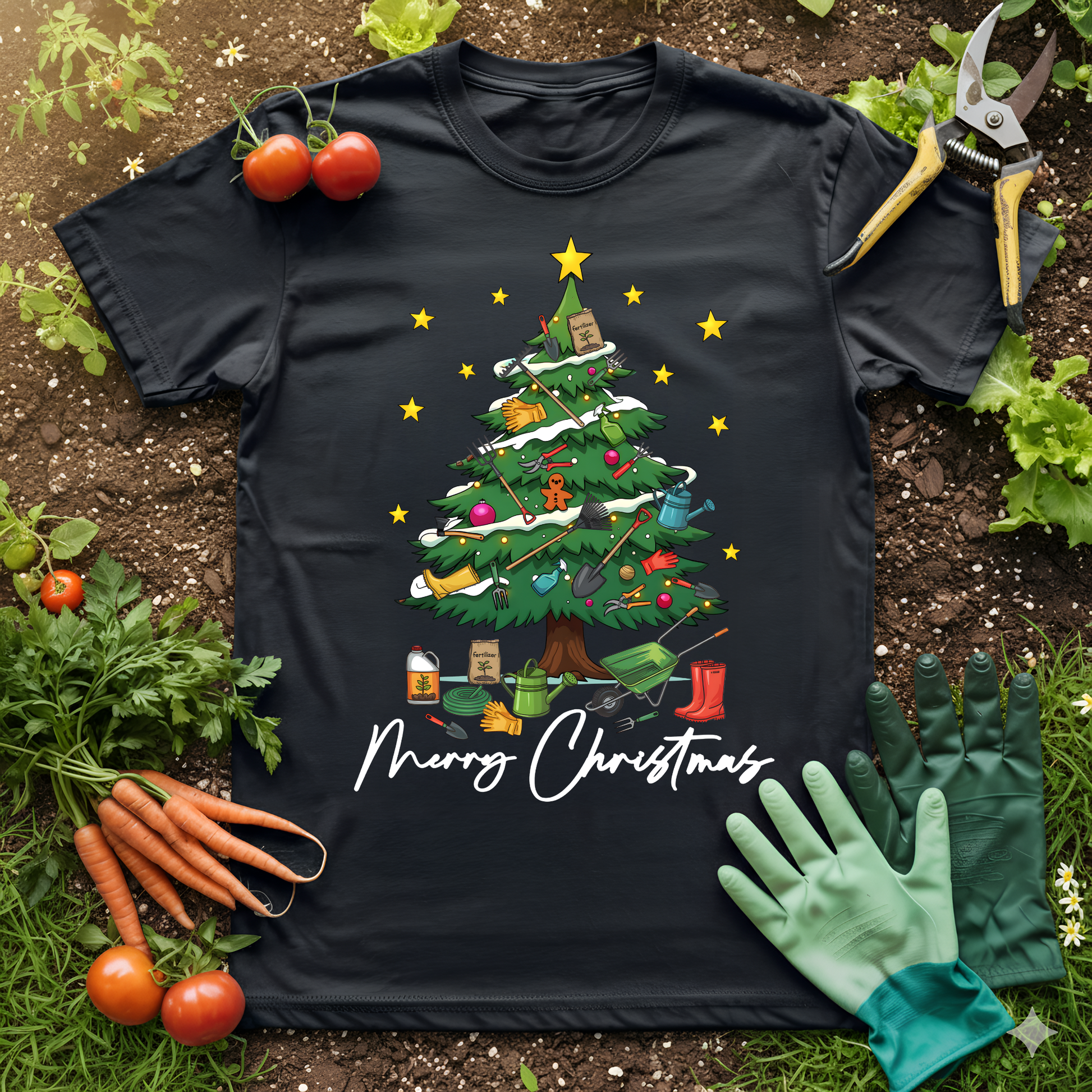 Gardener Christmas Tree T-shirt with gardening tools and Merry Christmas text surrounded by vegetables and gloves
