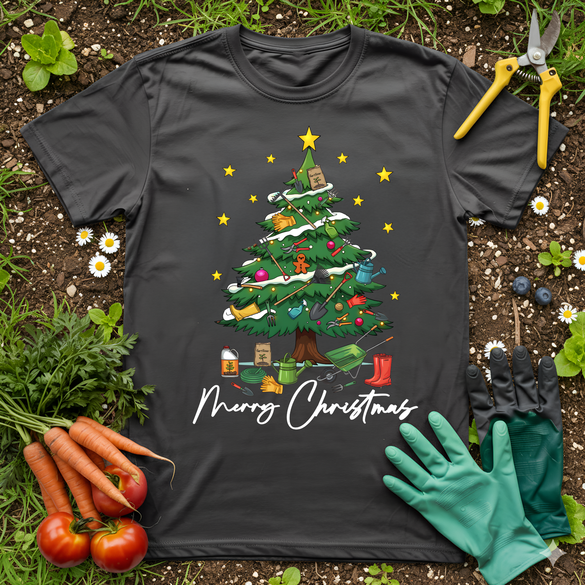 Gardener Christmas Tree T-shirt with gardening tools and Merry Christmas text surrounded by vegetables and gloves