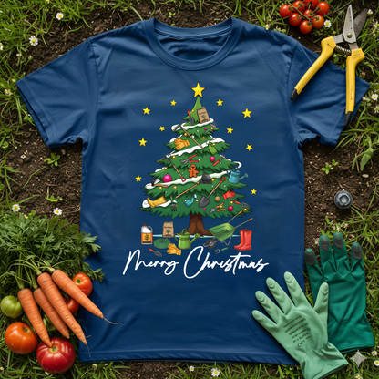 Gardener Christmas Tree T-shirt with gardening tools and Merry Christmas text surrounded by vegetables and gloves