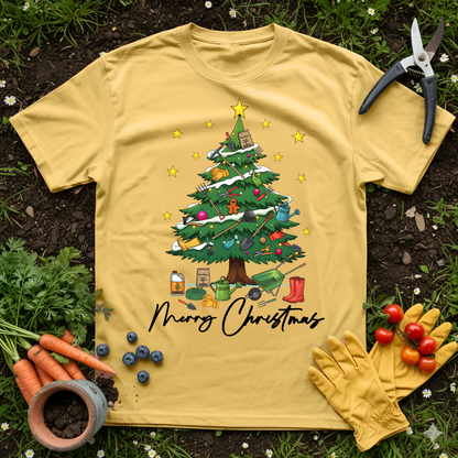 Gardener Christmas Tree T-shirt with gardening tools and Merry Christmas text surrounded by vegetables and gloves