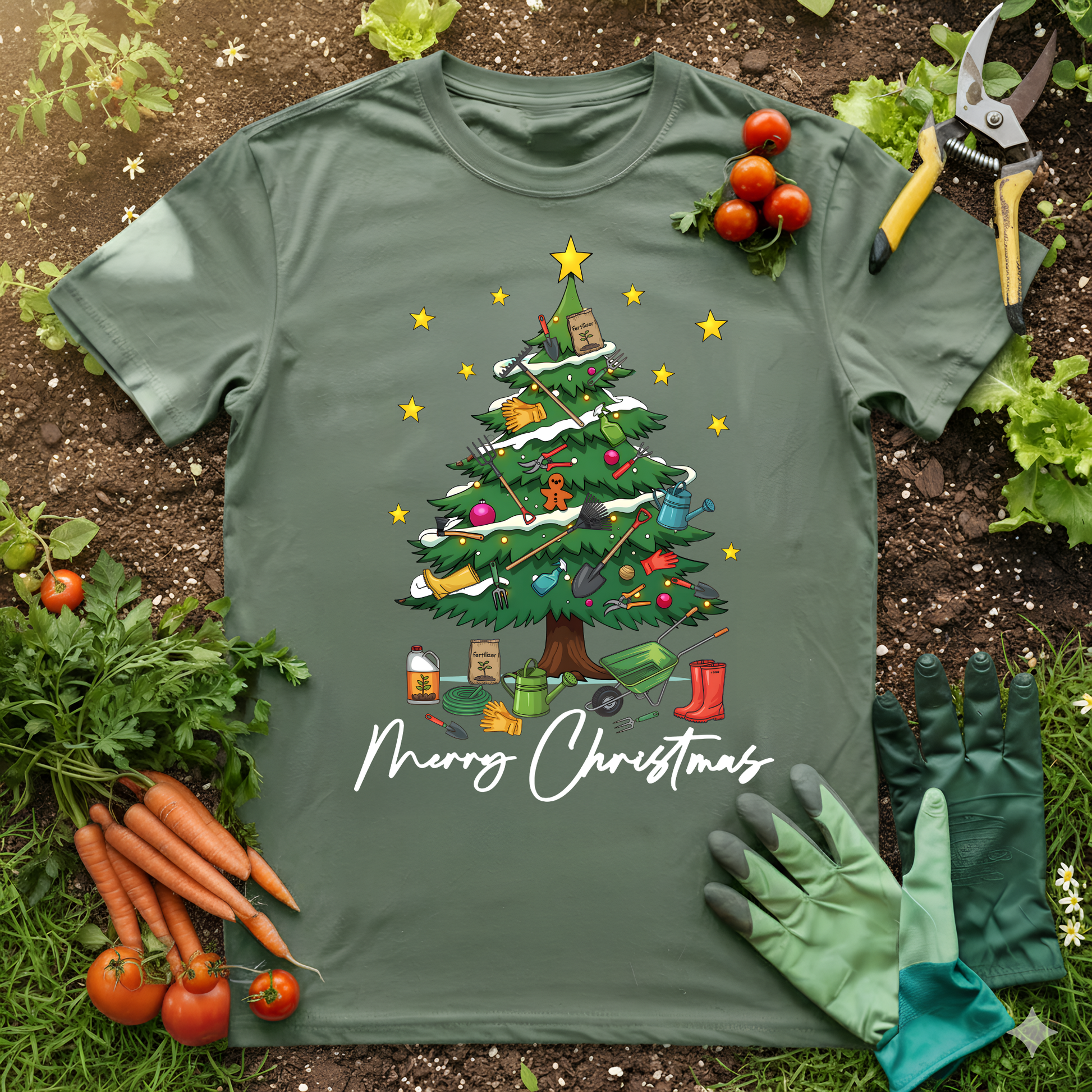 Gardener Christmas Tree T-shirt with gardening tools and Merry Christmas text surrounded by vegetables and gloves