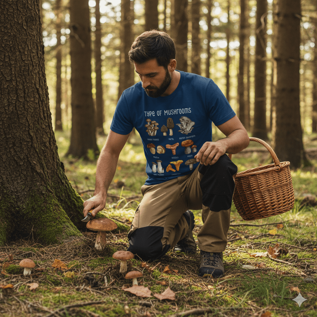 Man wearing mushroom name t-shirt in forest, showcasing different types of mushrooms while holding a basket.