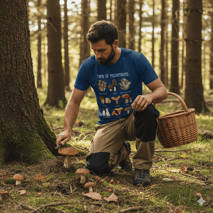 Man wearing mushroom name t-shirt in forest, showcasing different types of mushrooms while holding a basket.