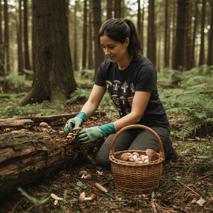 Woman picking mushrooms in a forest wearing a types of mushroom t-shirt, with a basket full of mushrooms beside her.