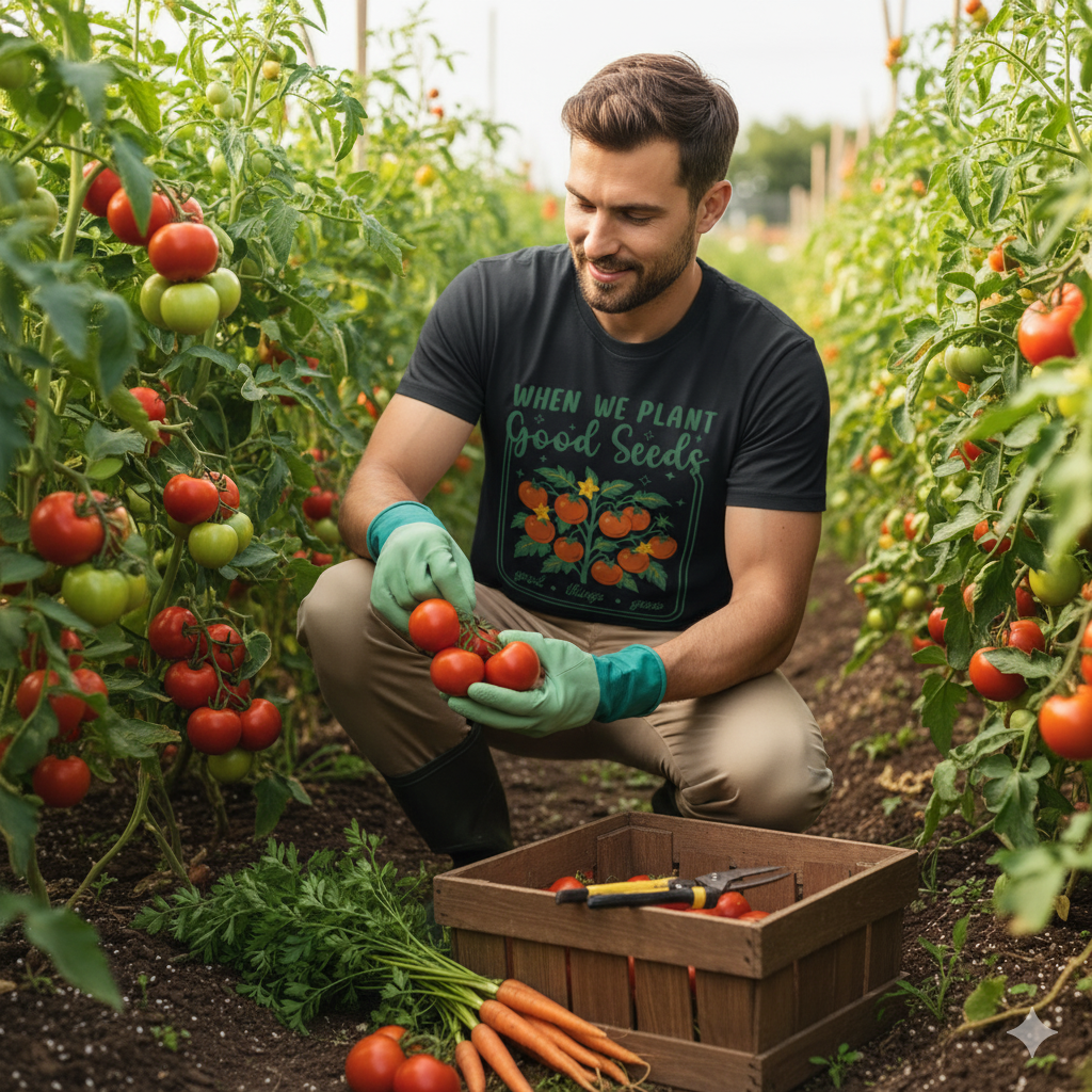 Plant Good Seeds Shirt Good Things Grow graphic tee gift for women with tomato plant design and gardening theme