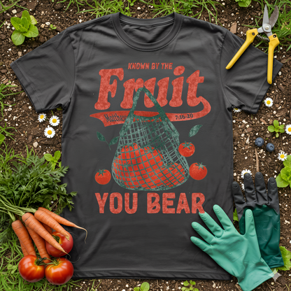 Known by the Fruit You Bear Shirt featuring a tomato design. Ideal Christian gardening tee for expressing faith.