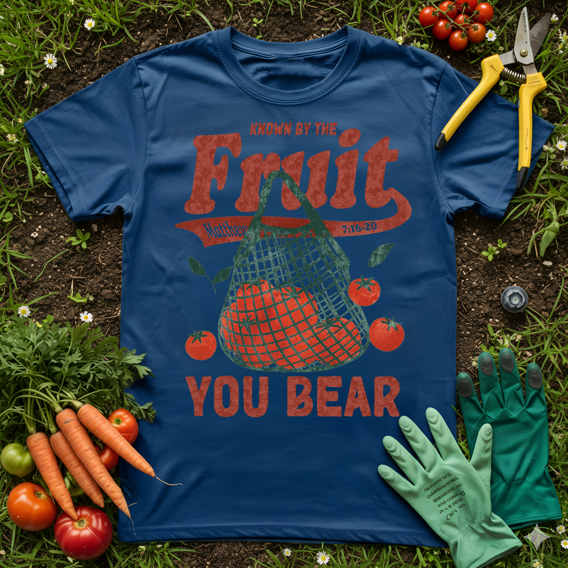 Known by the Fruit You Bear Shirt Christian gardening tee with tomato design on blue background.
