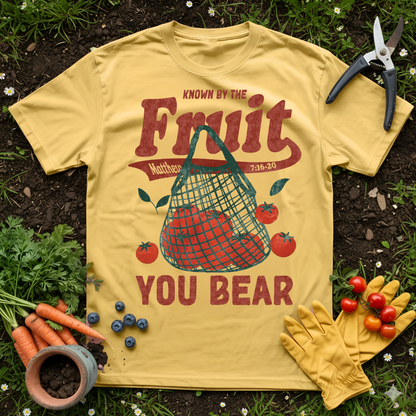 Known by the Fruit You Bear Shirt Christian gardening tee with rustic tomato design and verse Matthew 7:16-20.