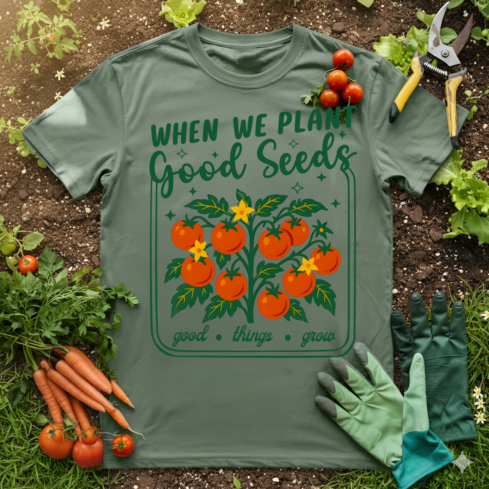 Plant Good Seeds Shirt Good Things Grow graphic tee gift for women with tomato plant design and gardening theme