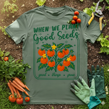 Plant Good Seeds Shirt Good Things Grow graphic tee gift for women with tomato plant design and gardening theme