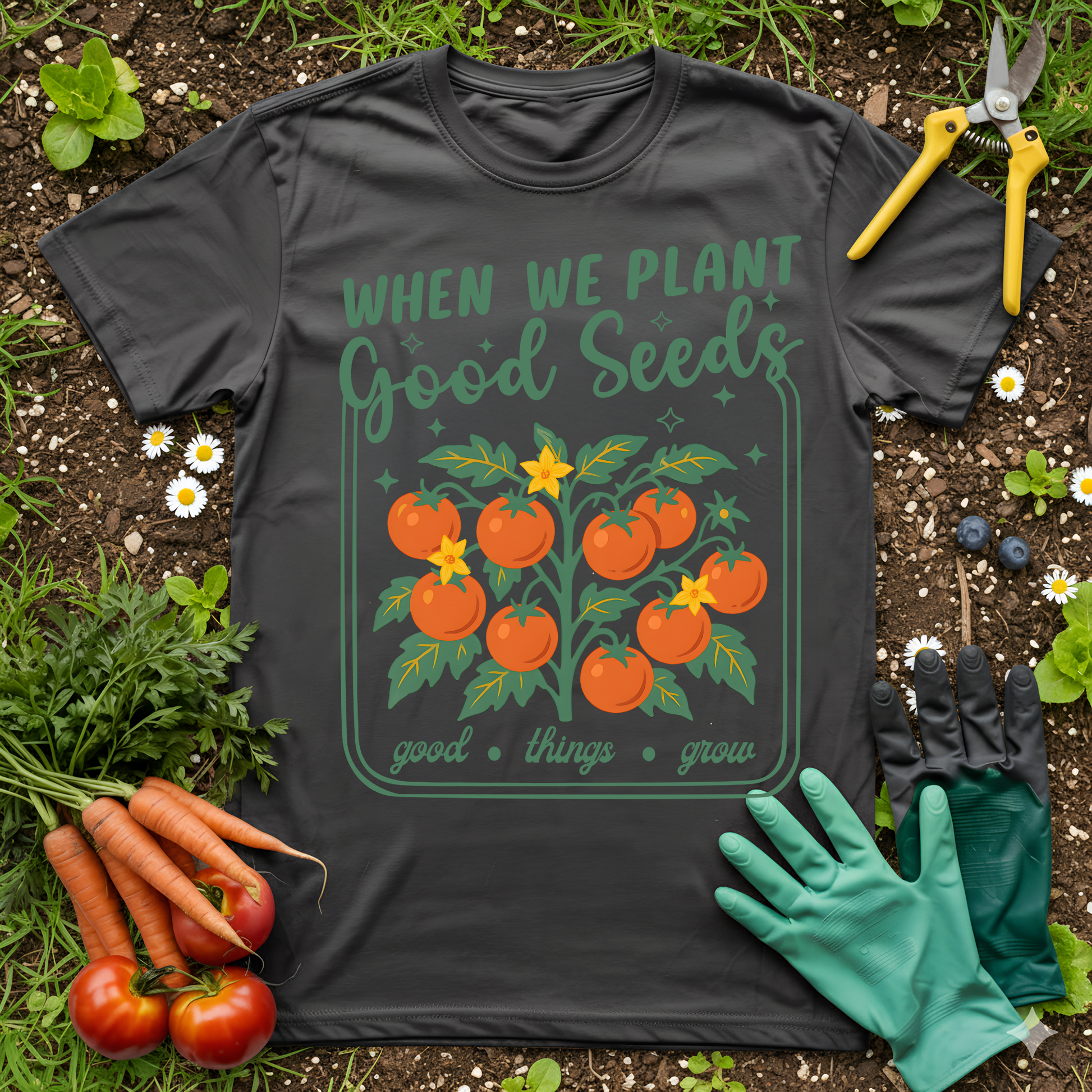 Plant Good Seeds Shirt Good Things Grow graphic tee gift for women with tomato plant design and gardening theme