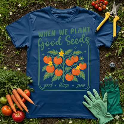 Plant Good Seeds Shirt Good Things Grow graphic tee gift for women with tomato plant design and gardening theme