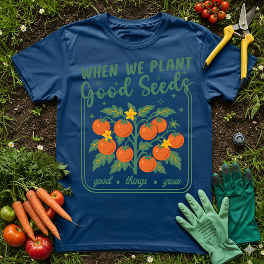 Plant Good Seeds Shirt Good Things Grow graphic tee gift for women with tomato plant design and gardening theme