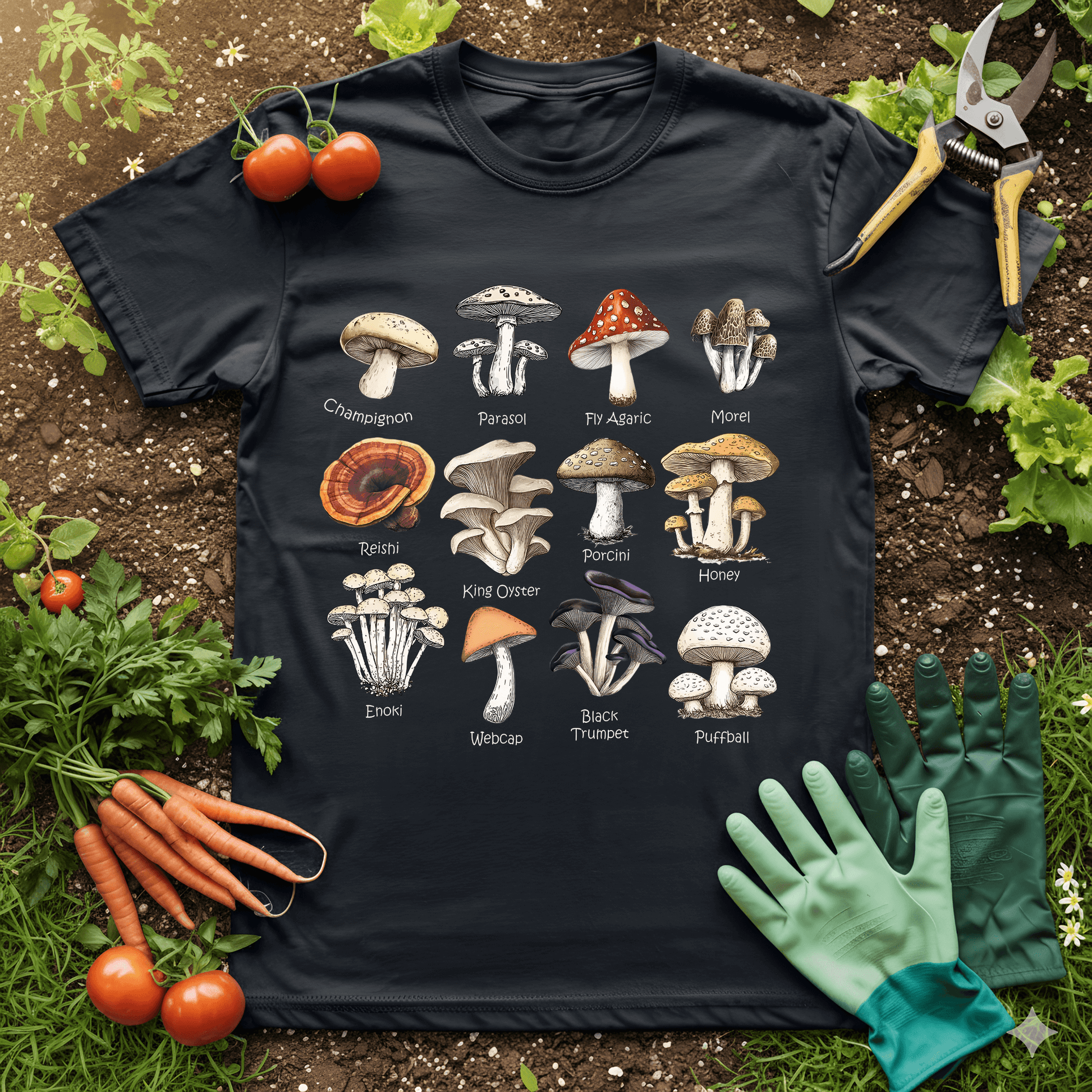 Types of mushroom t-shirts featuring a variety of mushrooms illustrated on a black shirt surrounded by garden elements.