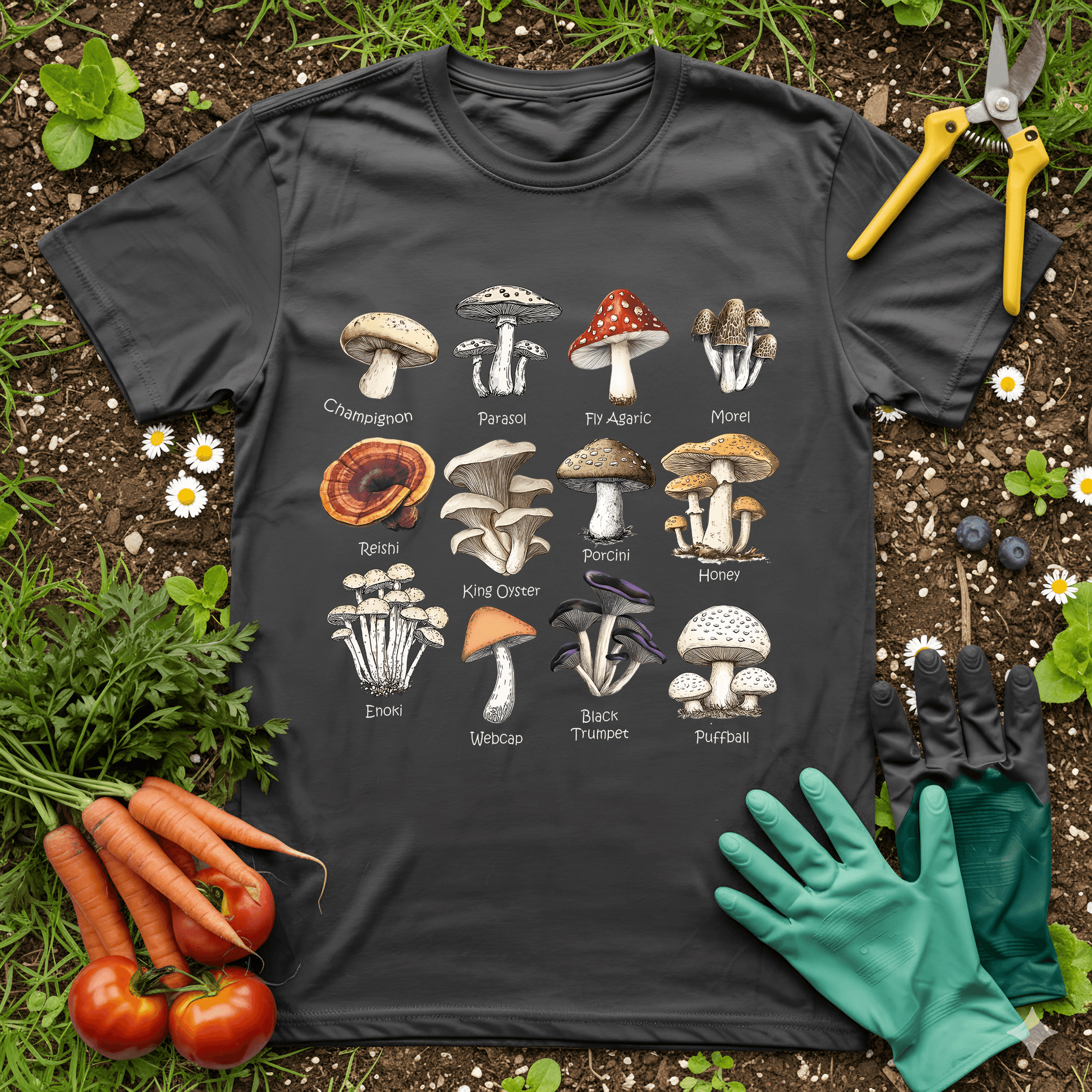 Types Of Mushroom T-shirt featuring various mushroom illustrations on a cotton tee, perfect for enthusiasts and nature lovers.