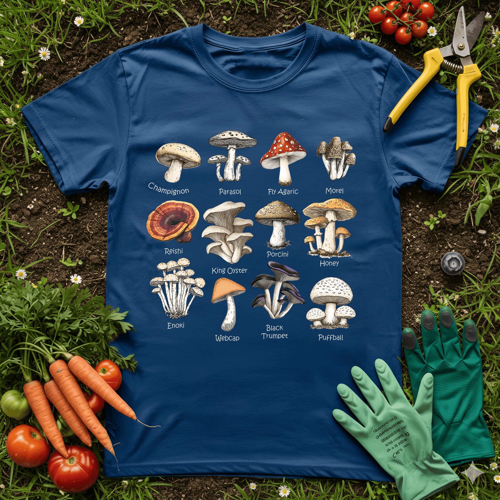 Types of mushroom t-shirts featuring various mushroom illustrations on a blue shirt with a garden background.