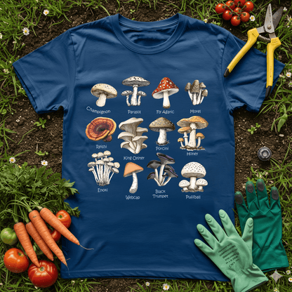 Types of mushroom t-shirts featuring various mushroom illustrations on a blue shirt with a garden background.