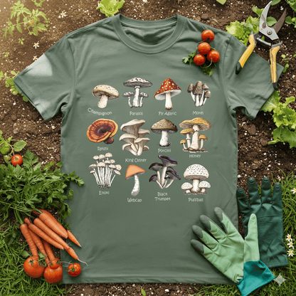 Types of mushroom t-shirts featuring various mushrooms on a green background, surrounded by gardening elements.