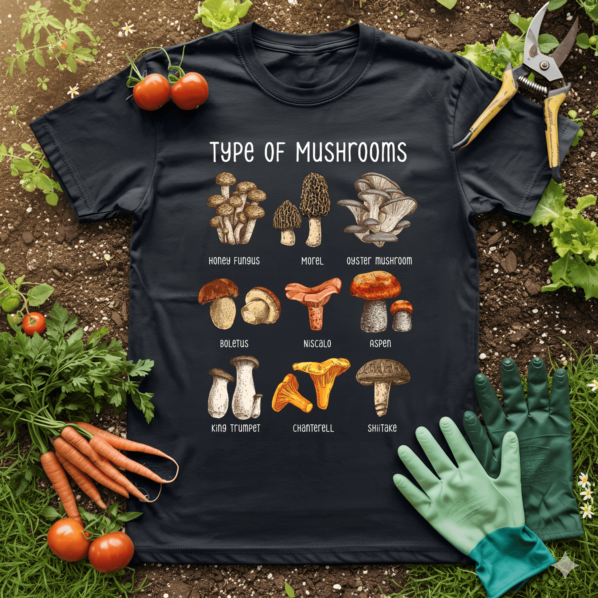 Mushroom name t-shirt featuring various types of mushrooms illustrated on a black tee with gardening tools and fresh produce.