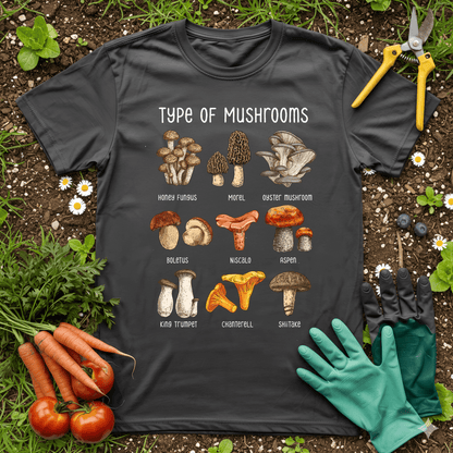mushroom name t-shirt featuring various types of mushrooms with names illustrated on a dark tee shirt.