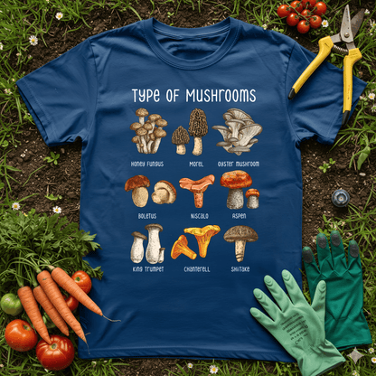 Type of Mushrooms with Name T-shirt featuring various mushroom illustrations on a blue shirt.