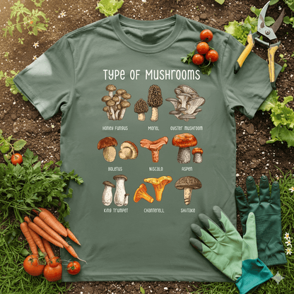 mushroom name t-shirt featuring various types of mushrooms illustration on a green cotton t-shirt