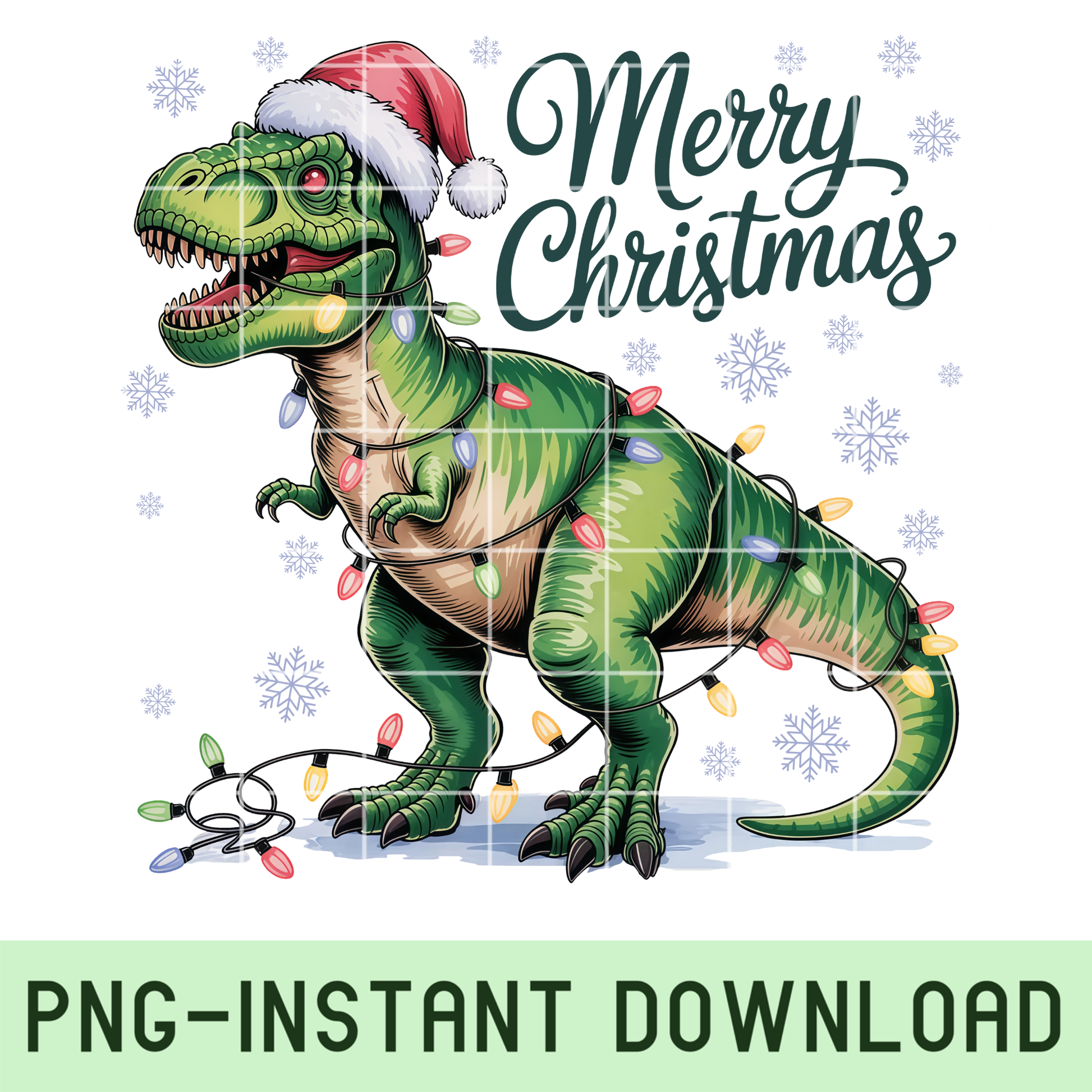 Christmas Dinosaur PNG with T-Rex wearing Santa hat and lights