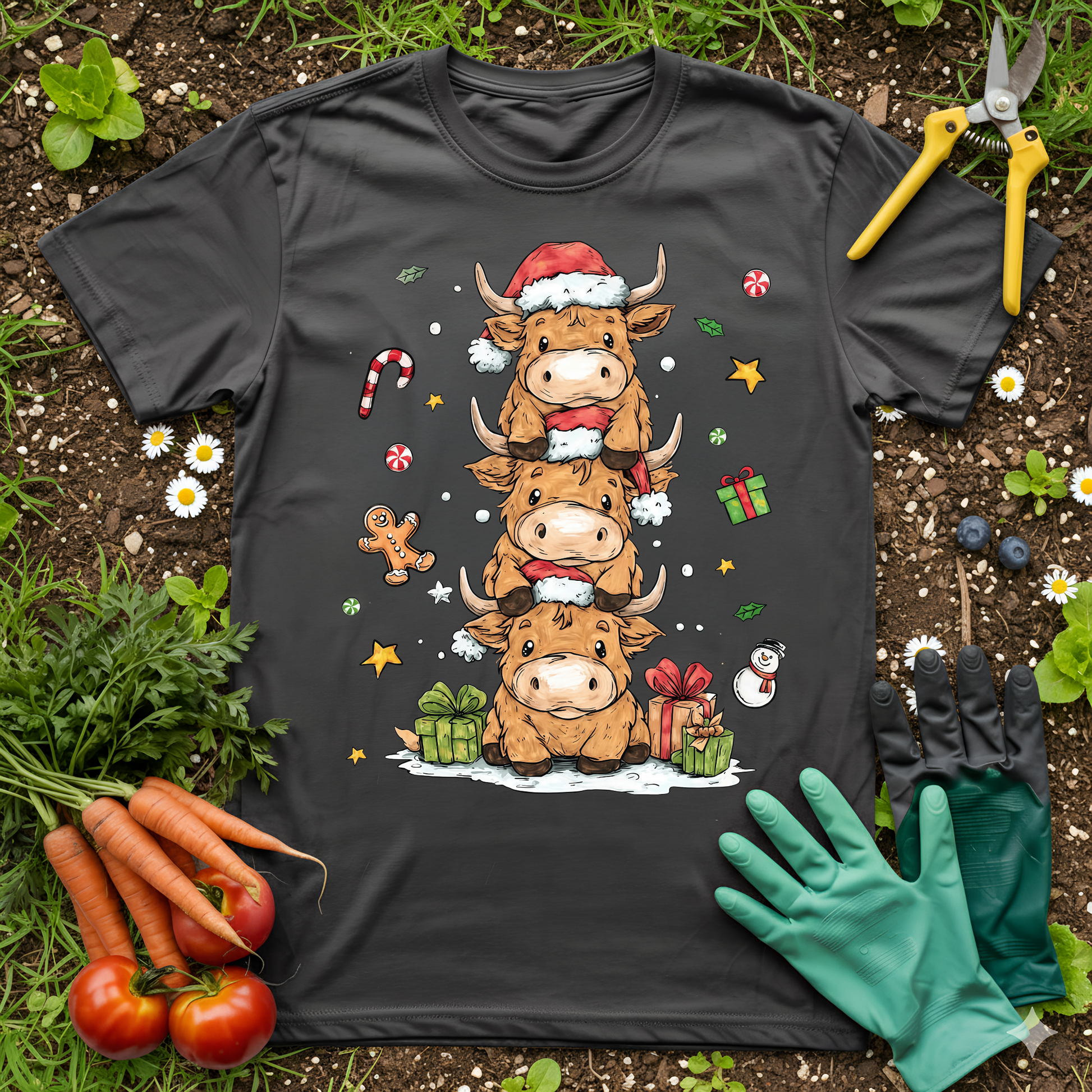 Cute Highland Cow Christmas T-Shirt featuring stacked cows in Santa hats with gifts and candy canes.
