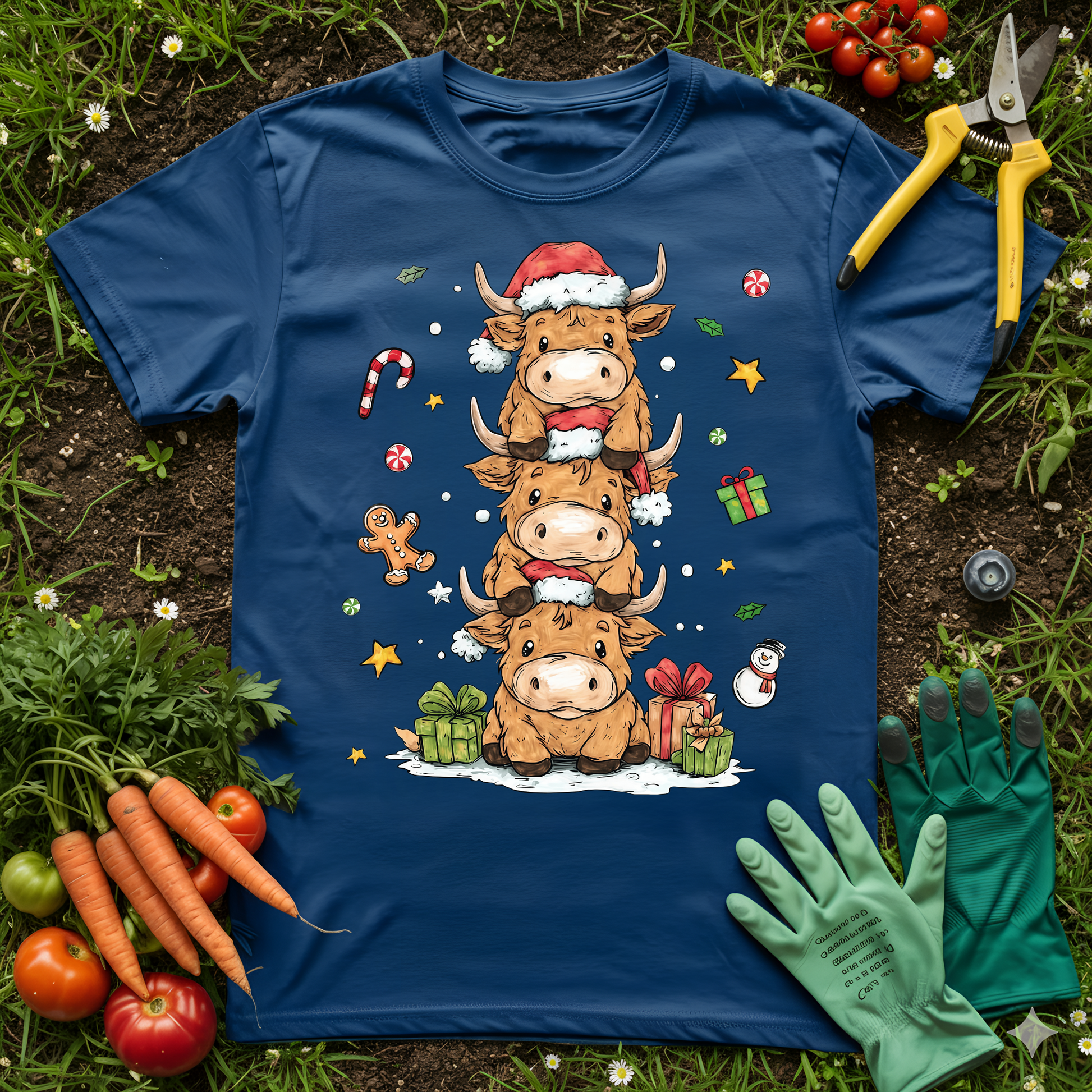 Cute Highland Cow Christmas T-Shirt featuring stack of cows in Santa hats with gifts and candy canes.